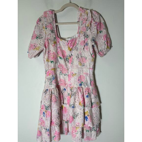 Adelyn Rae Pink Floral Eyelet Half Sleeve Tiered Ruffle Mini Dress Sz M - Picture 2 of 2